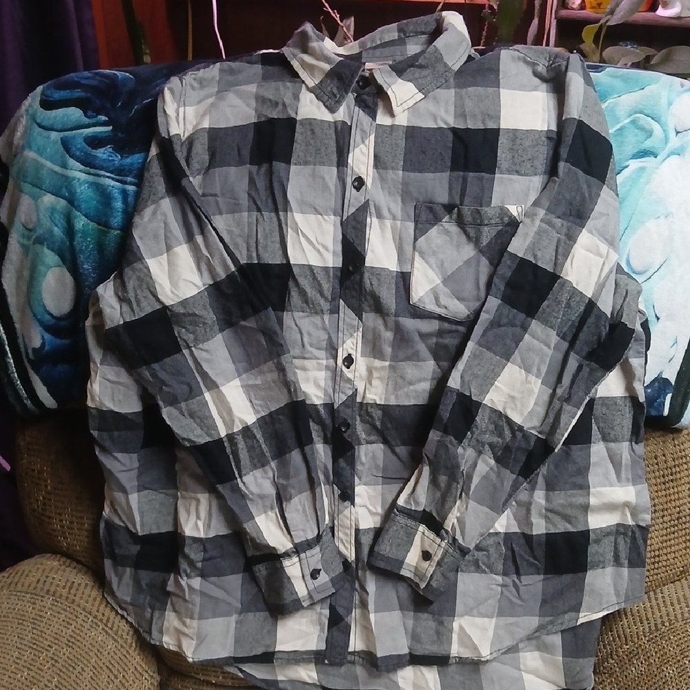 Terra & Sky Black and Gray Plaid Button-Down Shirt Plus Size